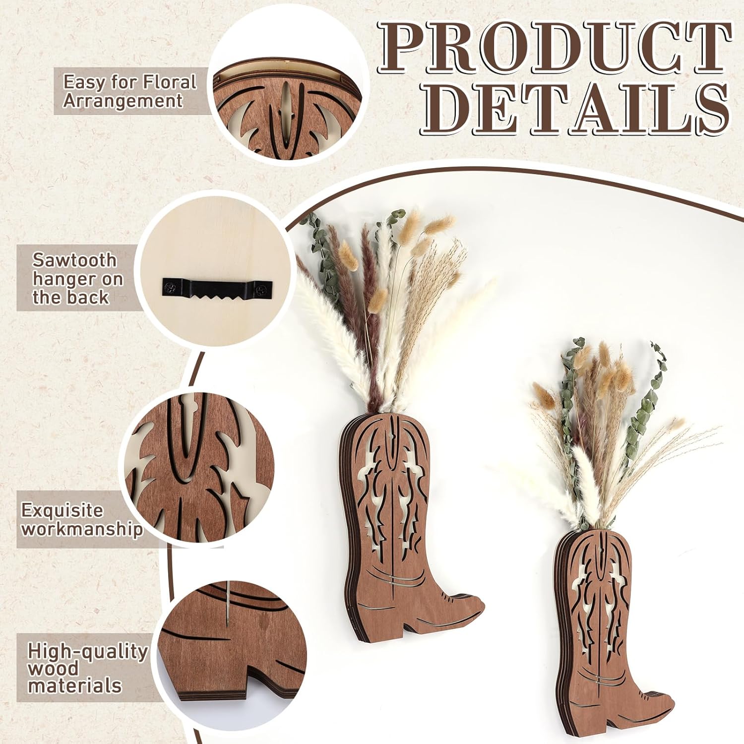 Chunful 2 Pcs Wood Cowboy Boot Vase with Dried Pampas Grass Flowers