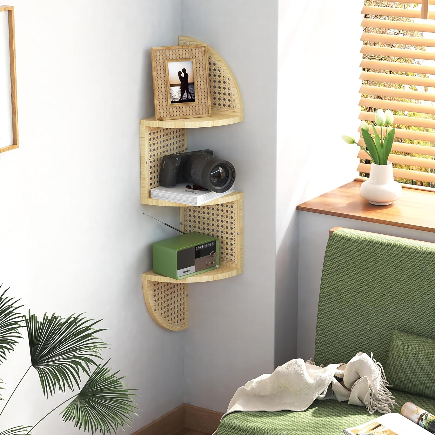 3-Tier Corner Wall Shelf - Rattan Floating Shelves for Bedroom Living Room and Bathroom