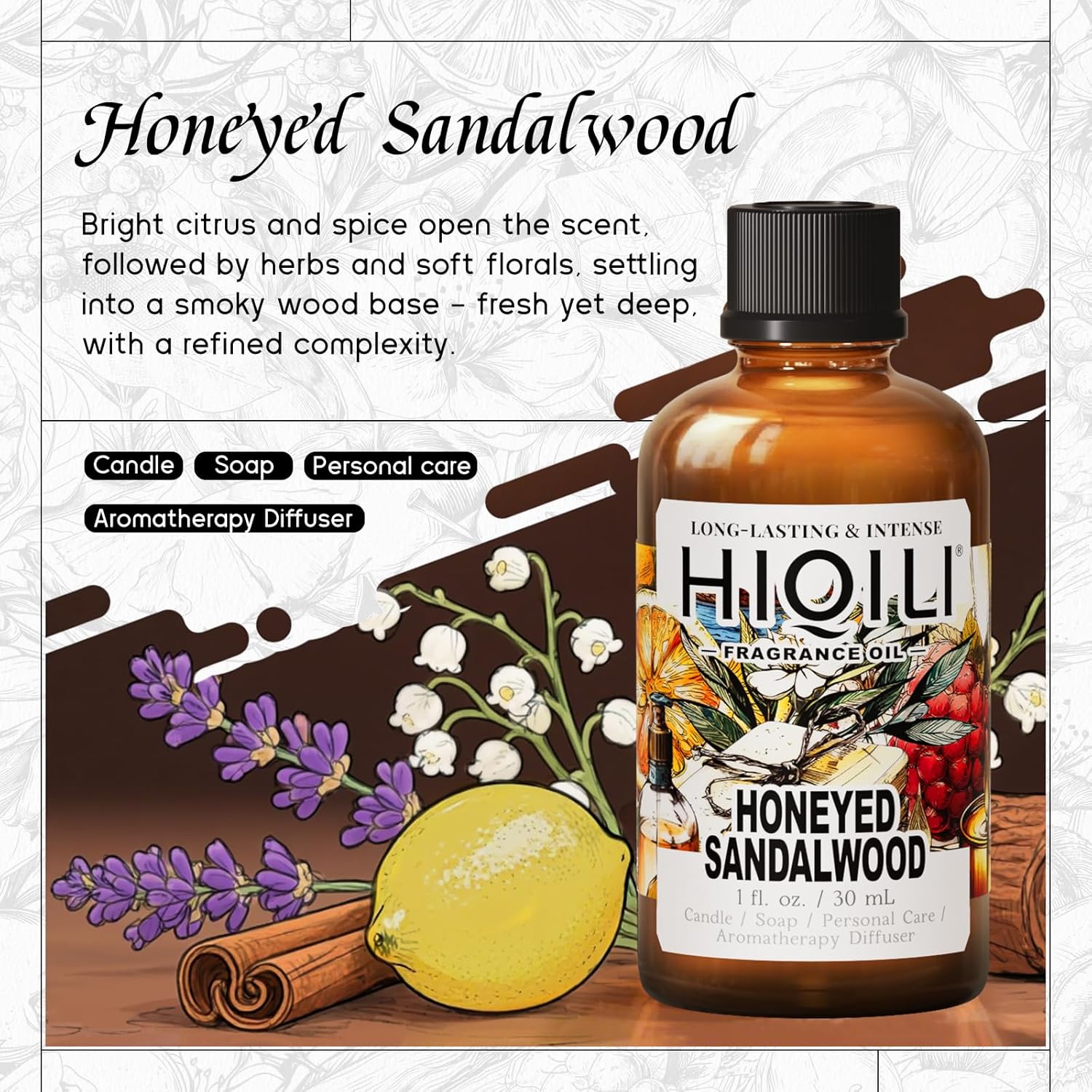 HIQILI Essential Oil Body Oil Honeyed Sandalwood 1 Fl Oz