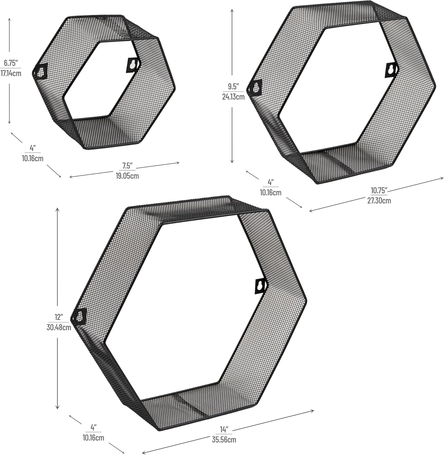 Mind Reader Hexagon Floating Shelves Set of 3 Black