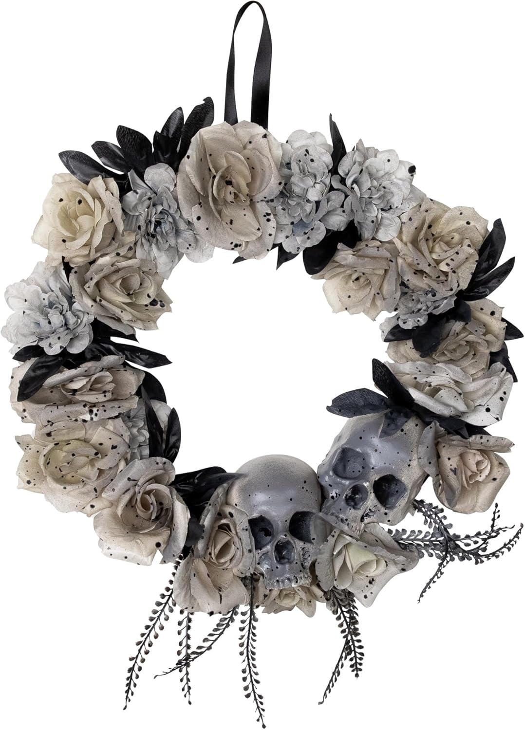 Northlight Double Skull and Roses Halloween Wreath 16 Unlit