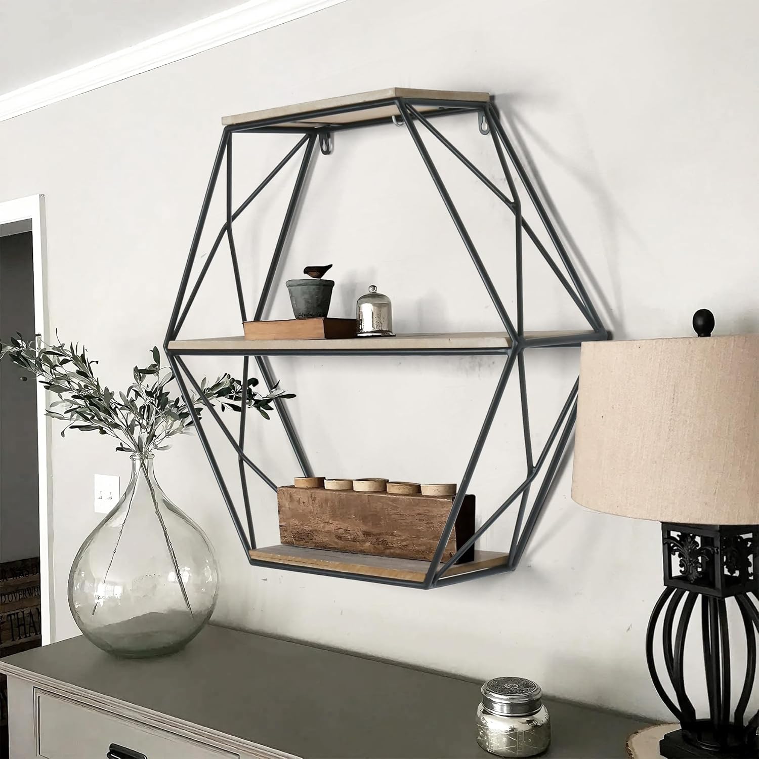 Oakrain Black Floating Wall Shelf Hexagon Living Room Bedroom