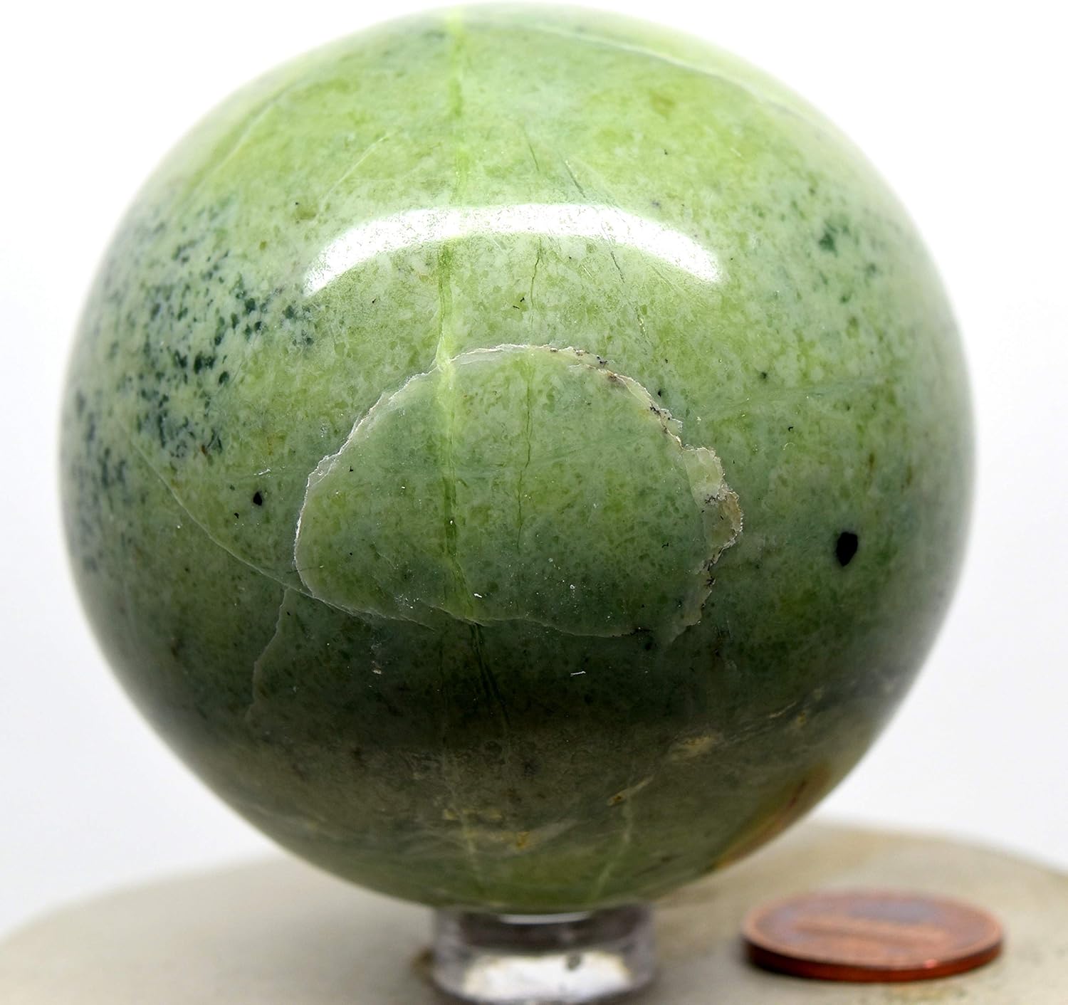 64mm Green Jade Sphere Natural Nephrite Crystal Ball with Stand
