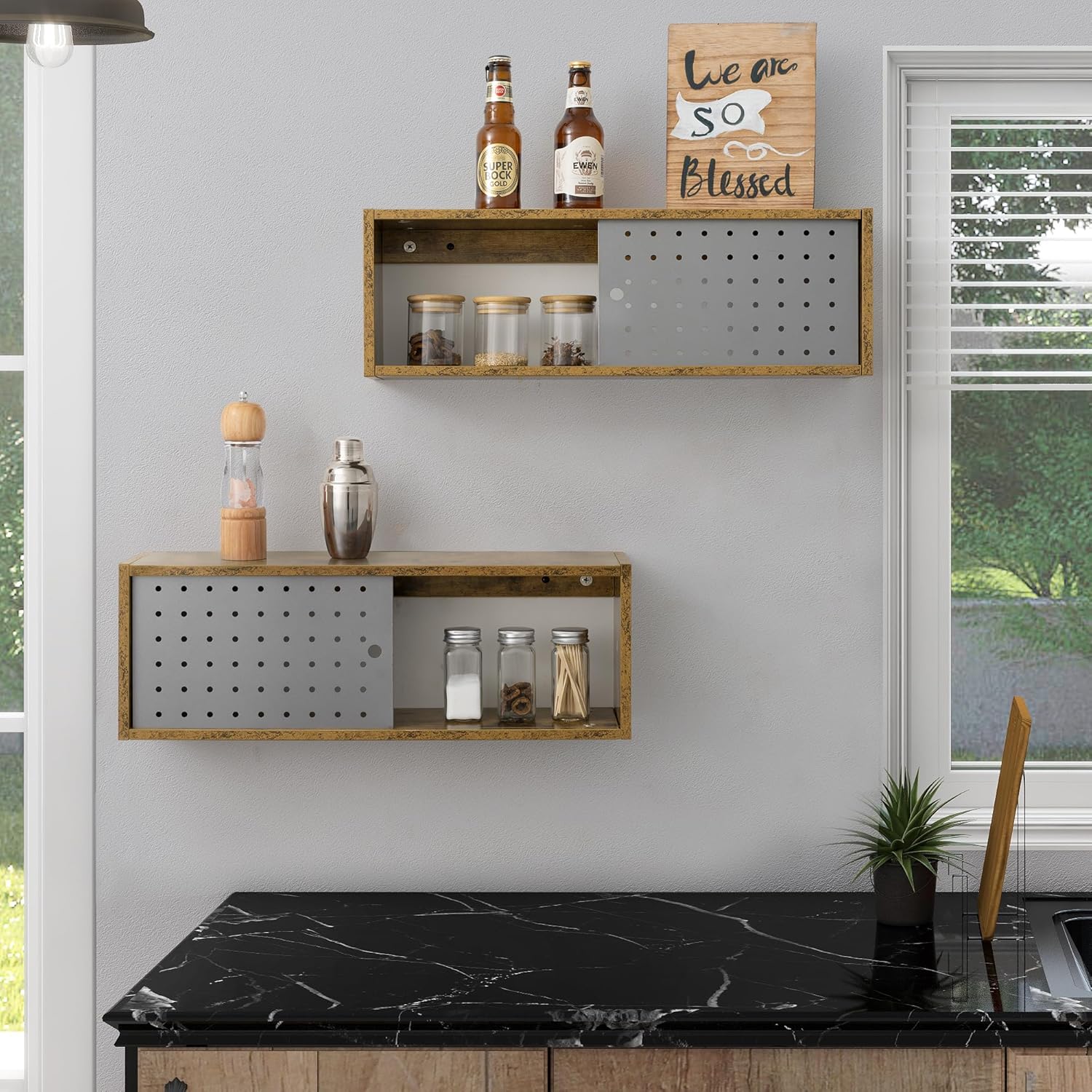 Sonefreiy 24in Floating Cabinet Set of 2 Rustic Wood TV Stand with Slide Metal Doors