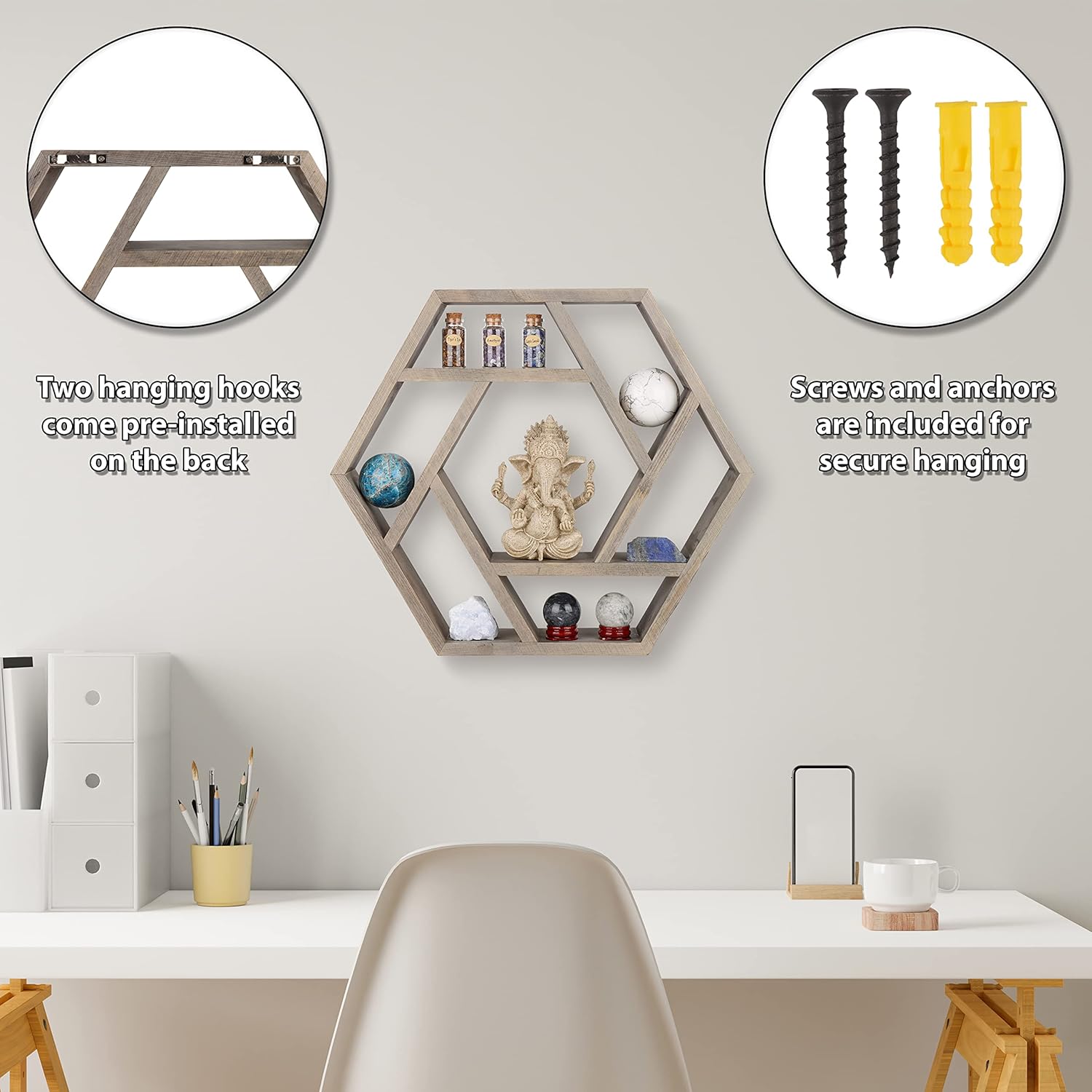 Venture Decor Crystal Display Shelf Hexagon Floating Wall Mount for Healing Stones and Chakra Decor