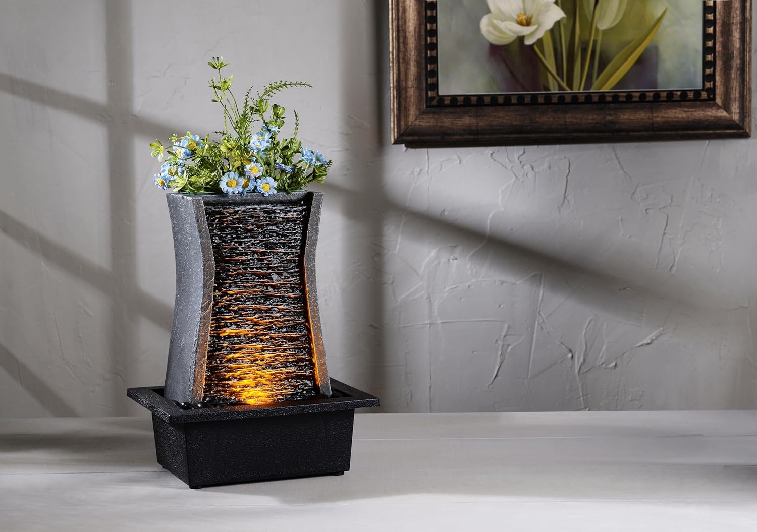 GOSSI Tabletop Water Fountain with LED Lights and Plastic Pot