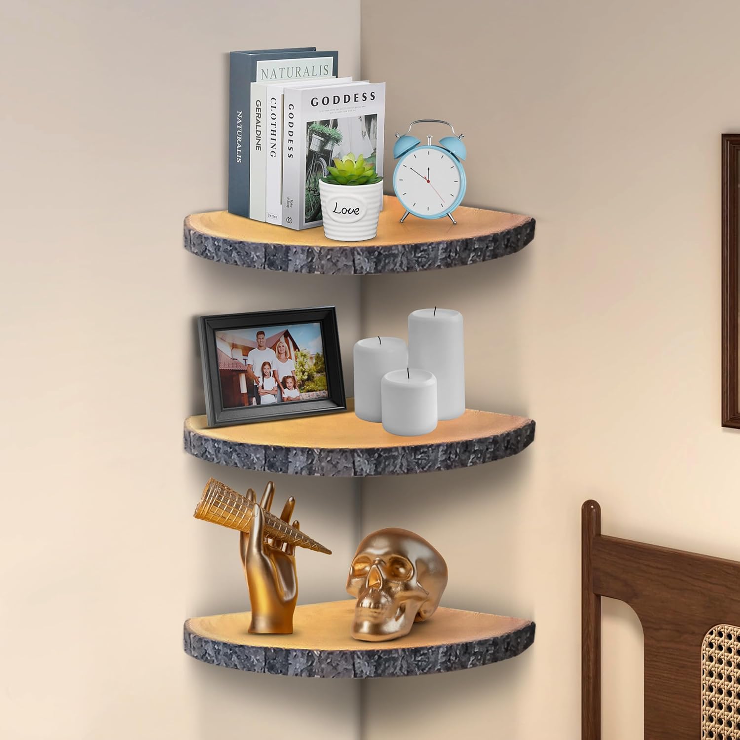 3 Tier Corner Floating Shelves Solid Paulownia Wood