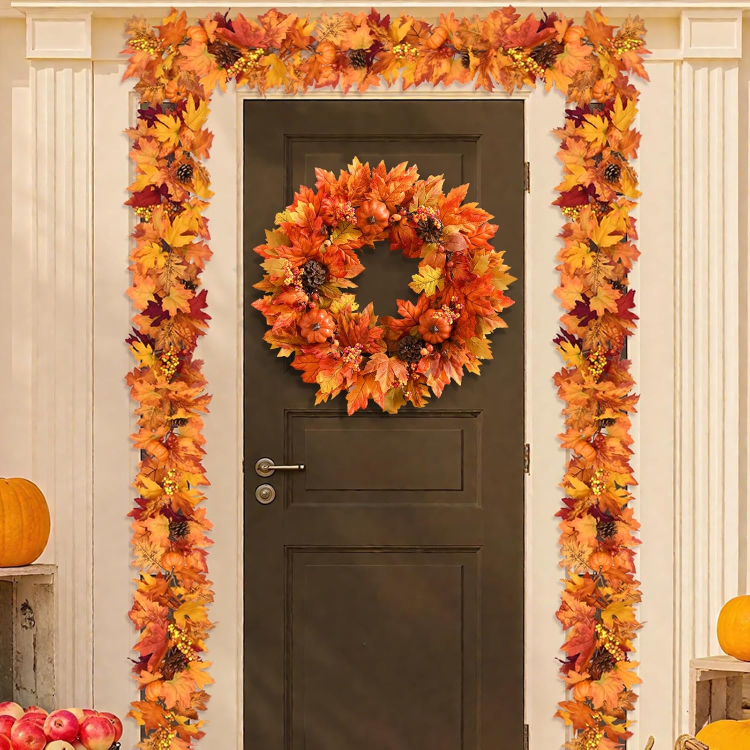 Elyum Fall Wreath - 20 Inch Autumn Door Decor with Pumpkins and Maple Leaves