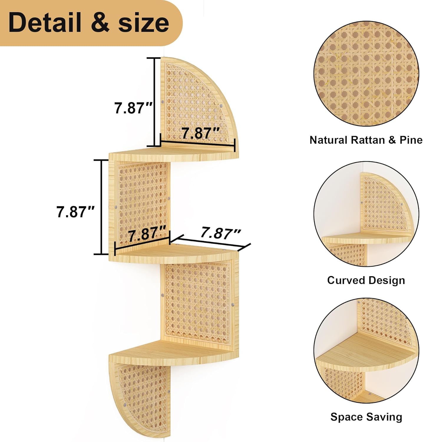 3-Tier Corner Wall Shelf - Rattan Floating Shelves for Bedroom Living Room and Bathroom