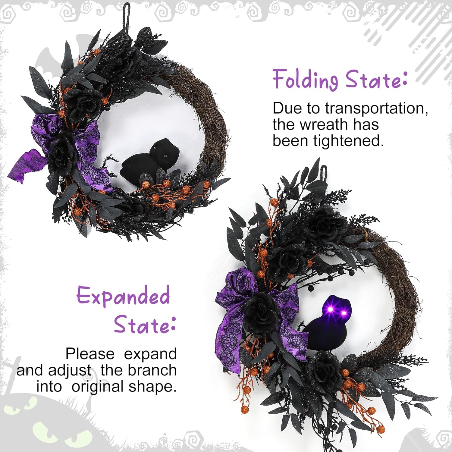 22 Inch Halloween Owl Wreath with Lighted Eyes