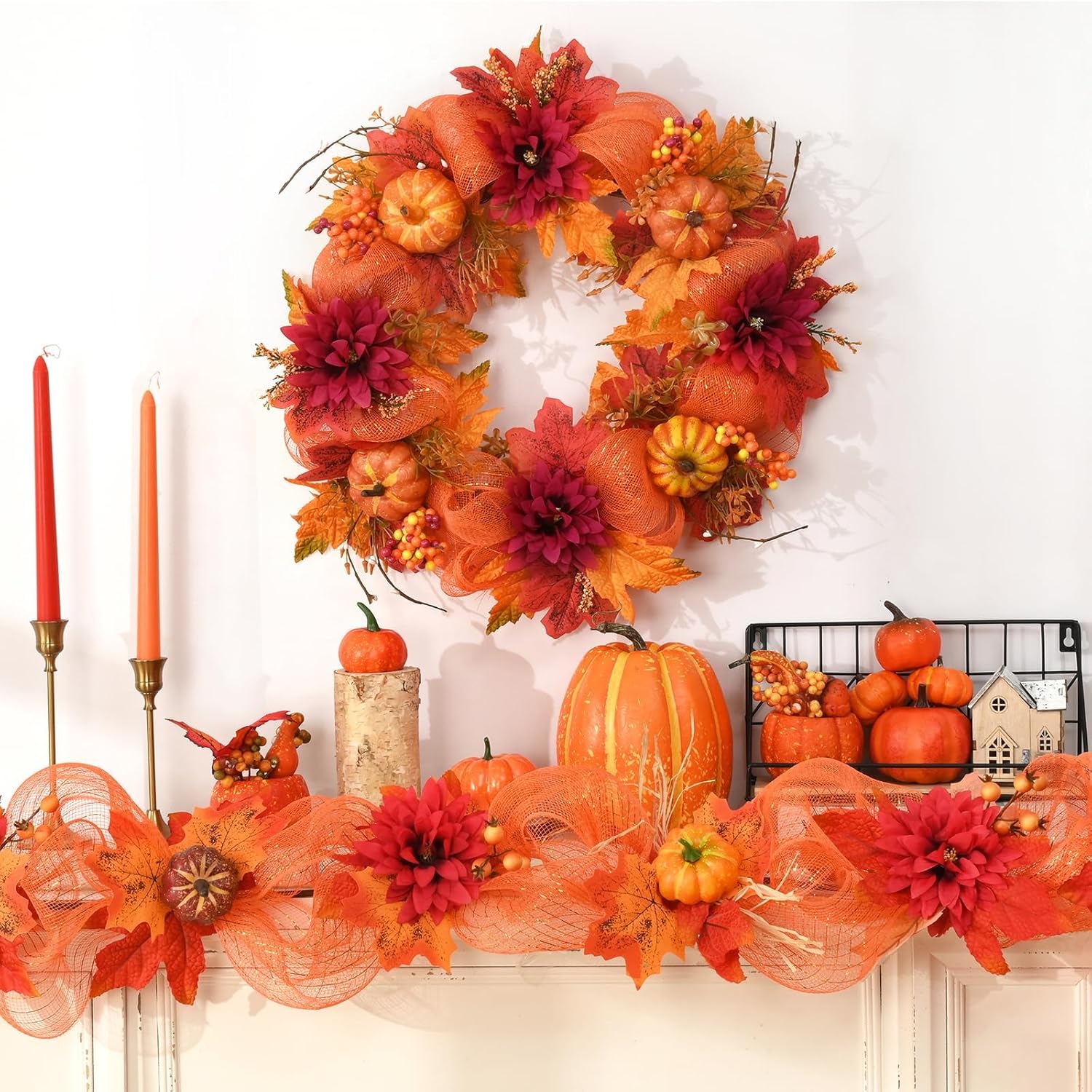 Fall Wreath with Lights - 20 Inch Autumn Decor for Front Door and Porch