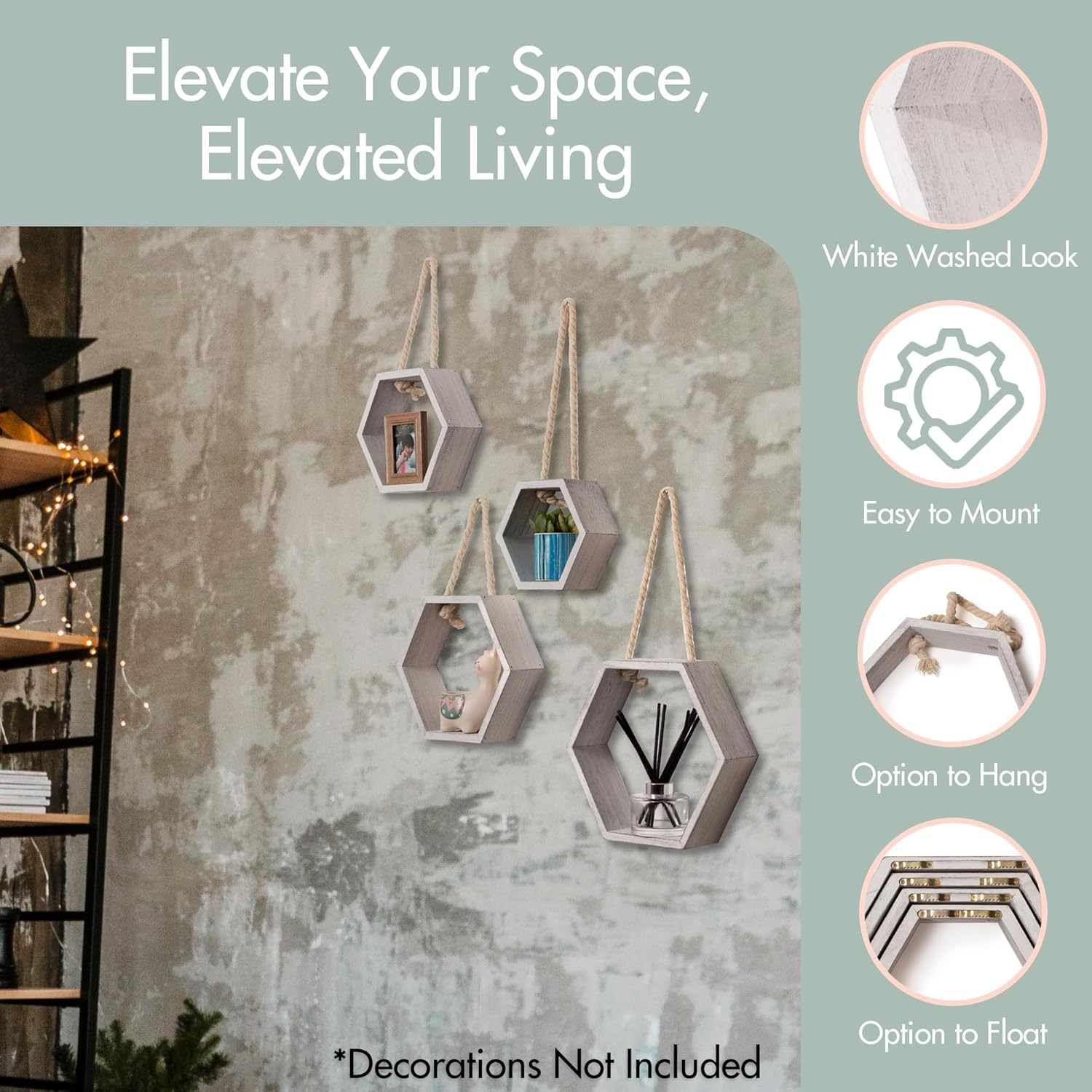 Dual Purpose Hexagon Shelves Set of 4 for Wall and Hanging