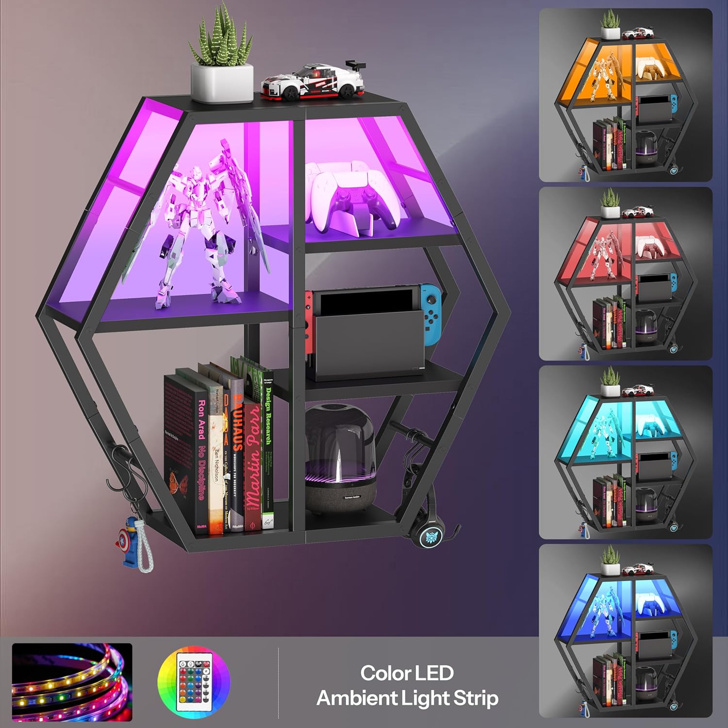 HOOBRO Gaming Floating Shelf with LED Lights Hexagonal Wall Mount Black BB76DBJ01
