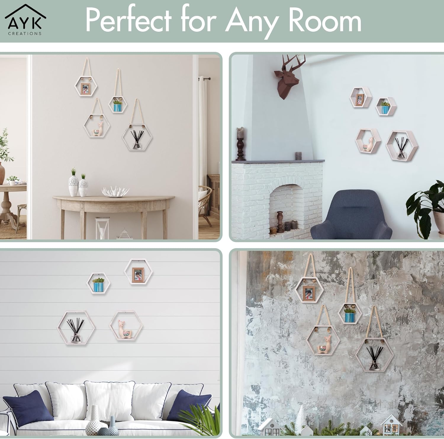 Dual Purpose Hexagon Shelves Set of 4 for Wall and Hanging