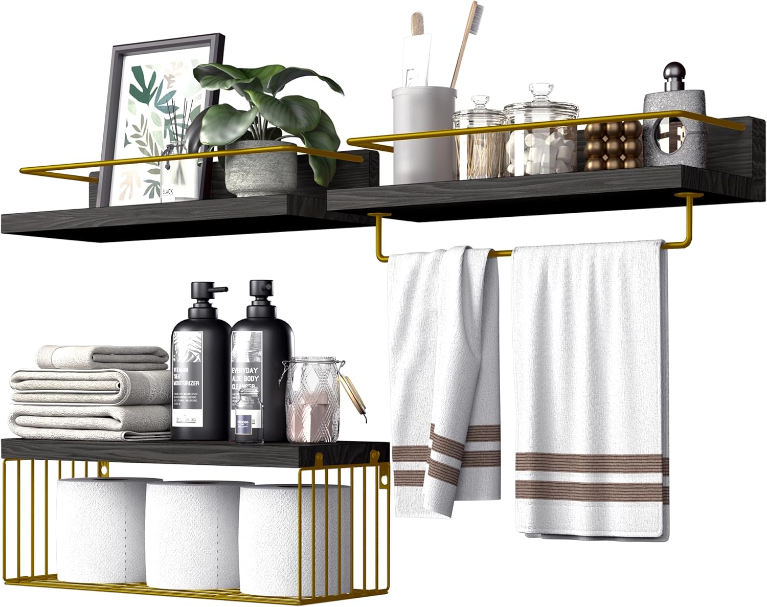 PopiShelves Floating Wall Shelves with Basket Set of 3 Black and Gold