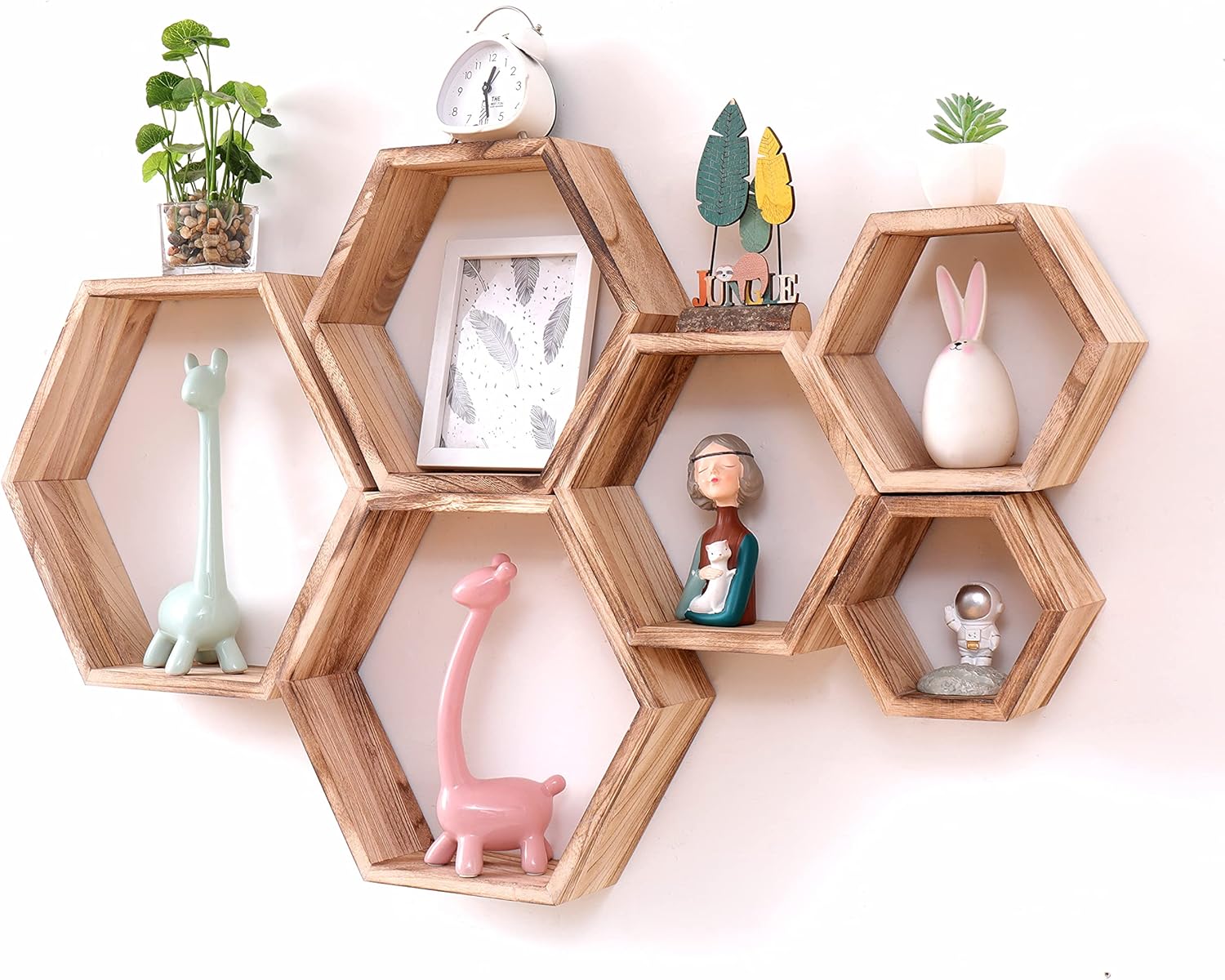 WONFUlity Hexagon Floating Shelves Driftwood Light Brown