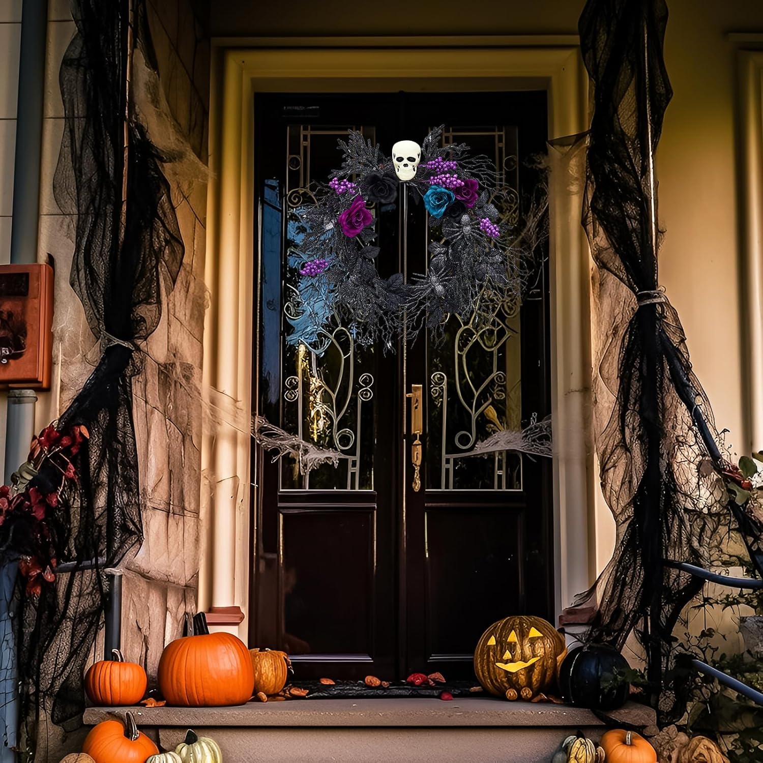 Gothic Halloween Skull Wreath with LED Lights