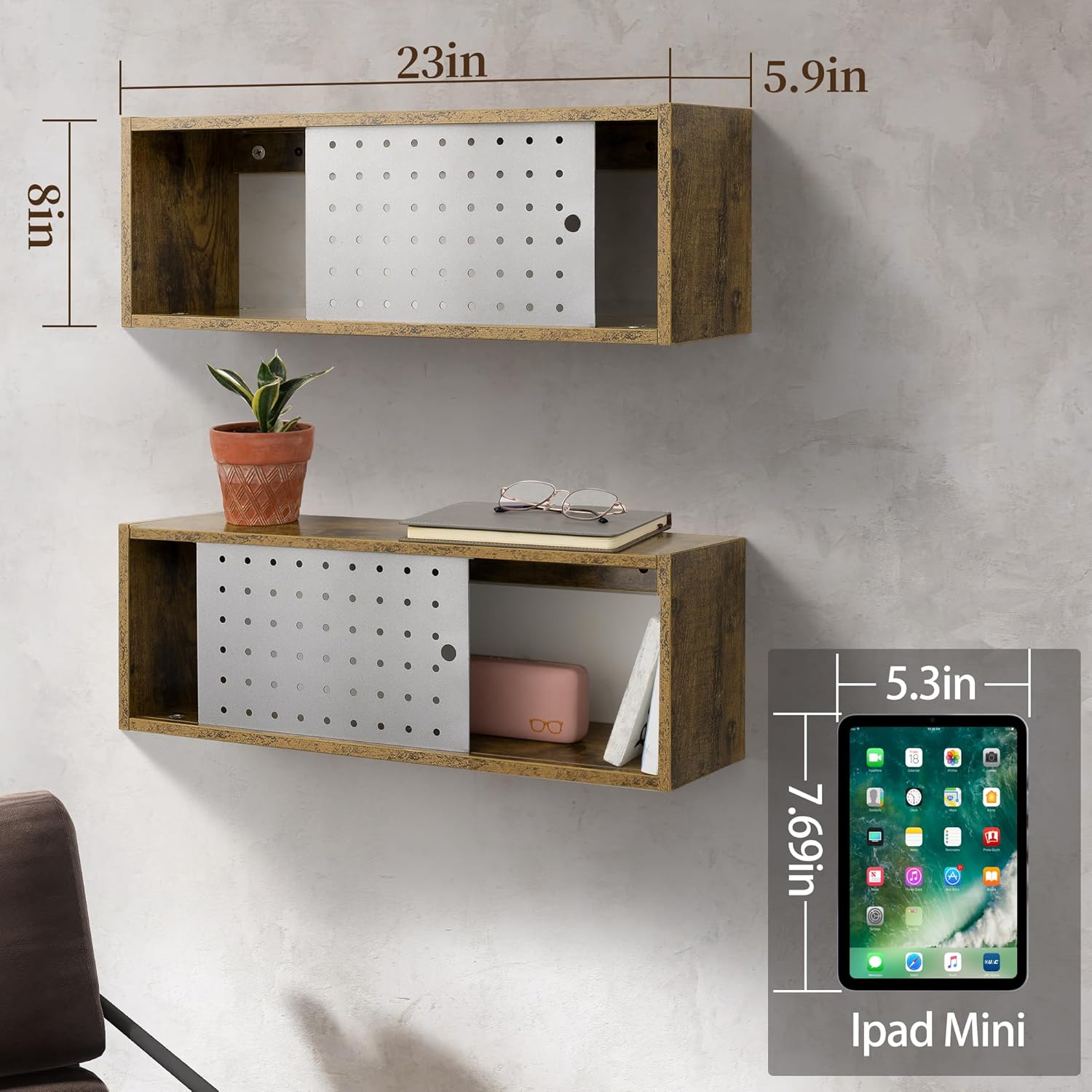 Sonefreiy 24in Floating Cabinet Set of 2 Rustic Wood TV Stand with Slide Metal Doors