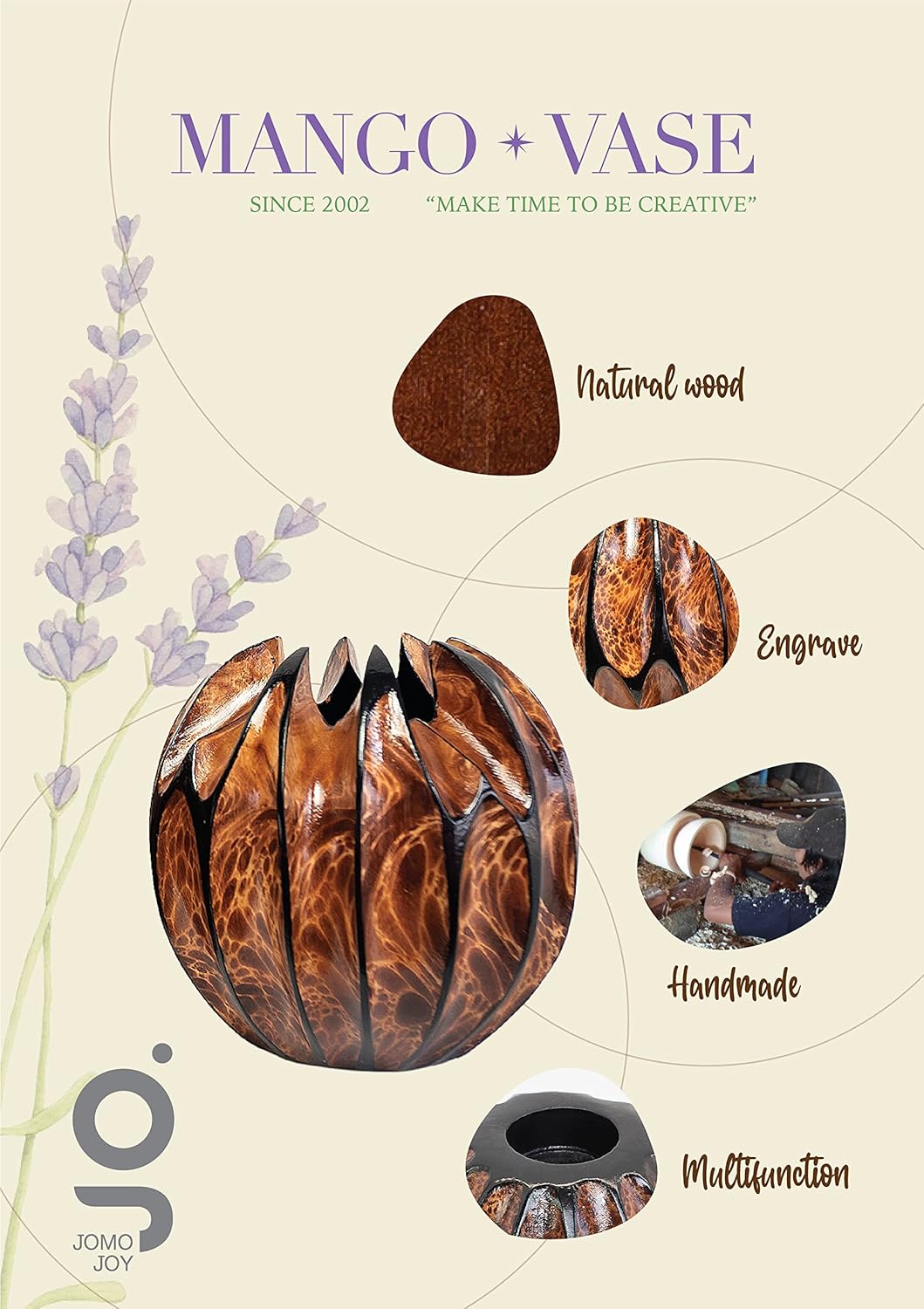 Small Round Sculptured Wooden Vase for Dried Flowers and Decorative Grass Display