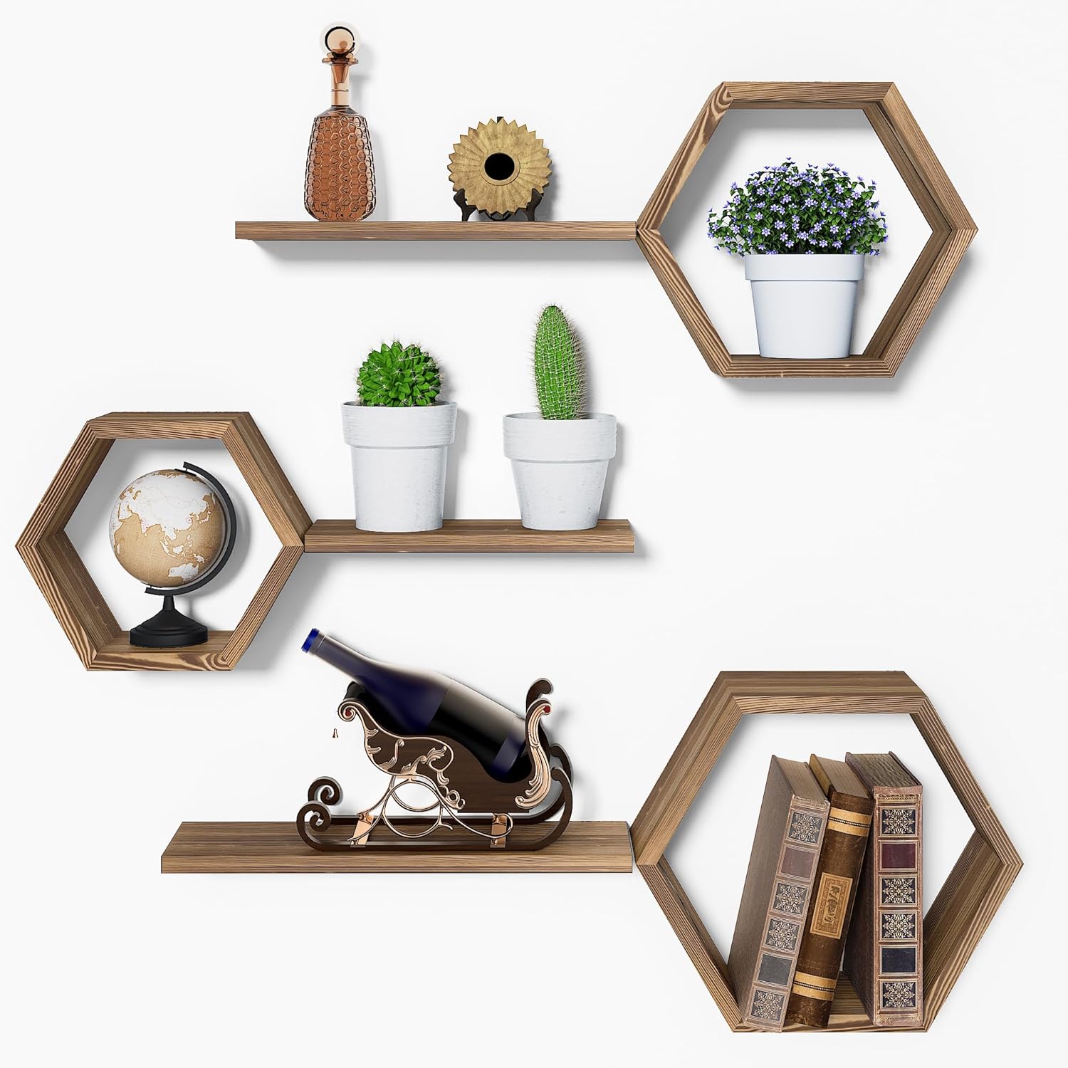 Modern Wooden Hexagon Floating Shelves Set of 6