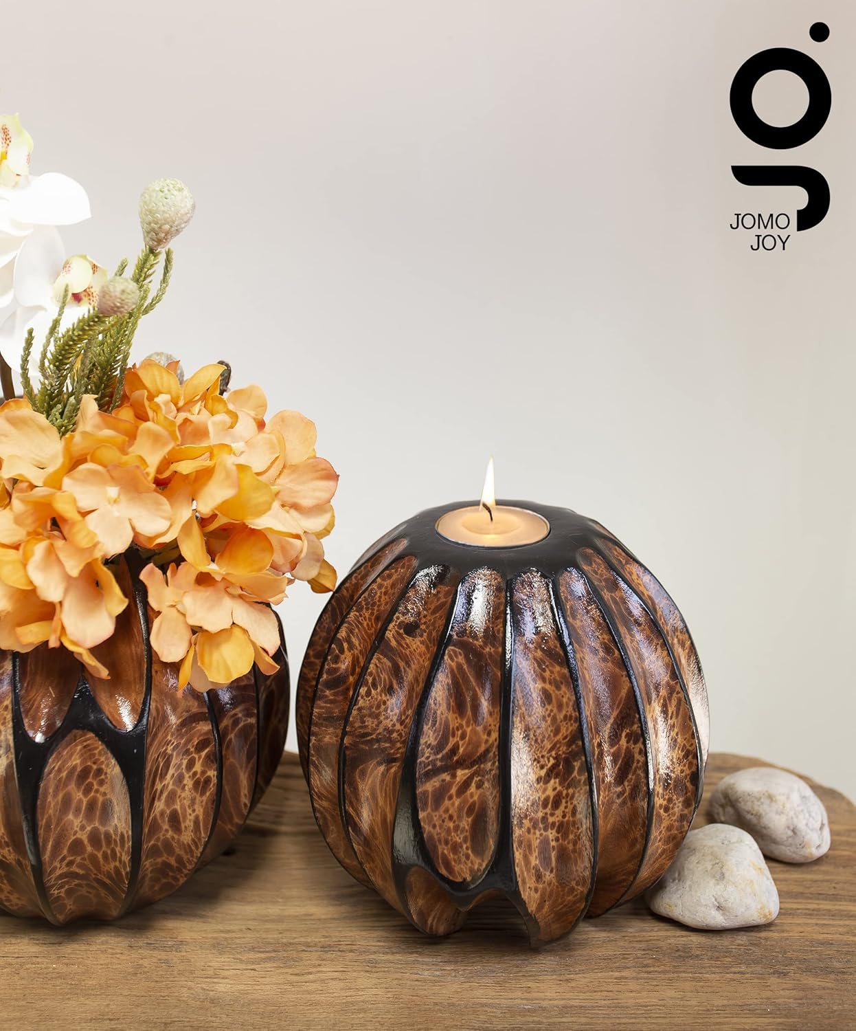 Small Round Sculptured Wooden Vase for Dried Flowers and Decorative Grass Display
