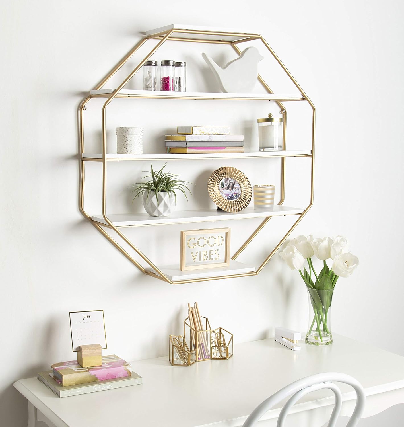 Kate and Laurel Lintz Octagon Floating Wall Shelves with Gold Frame
