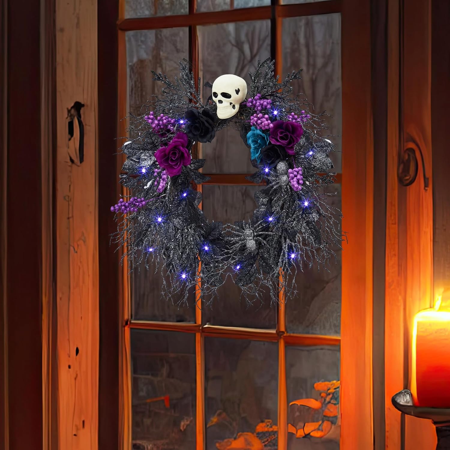 Gothic Halloween Skull Wreath with LED Lights
