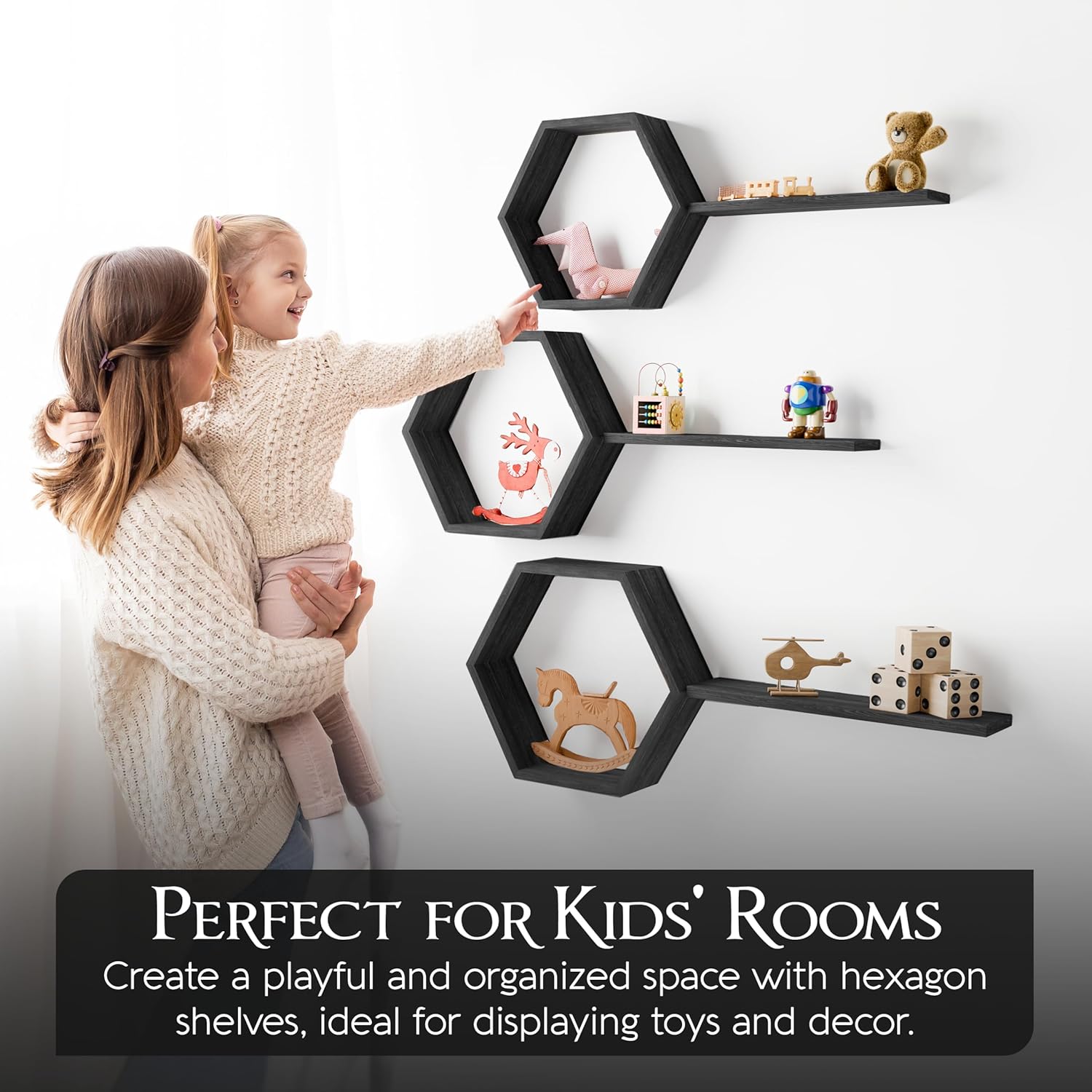 Hexagon Floating Shelves Set of 6 Carbonized Black