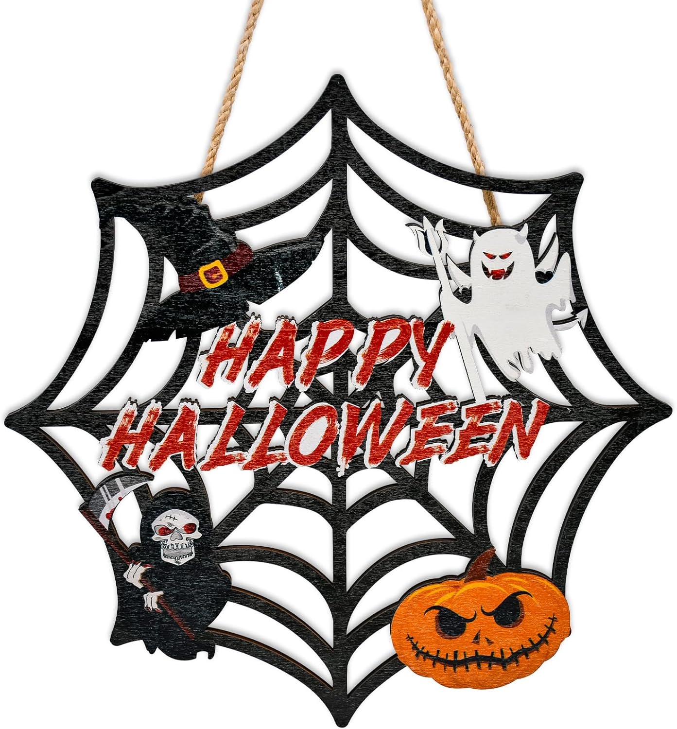 Halloween Wooden Door Wreath with Spider Web and Pumpkin