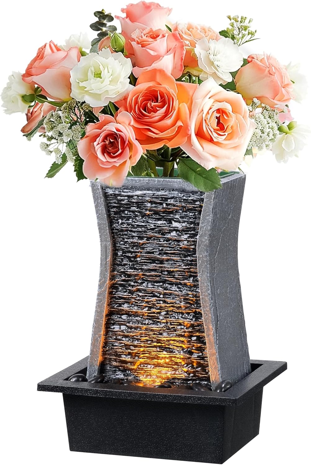 GOSSI Tabletop Water Fountain with LED Lights and Plastic Pot