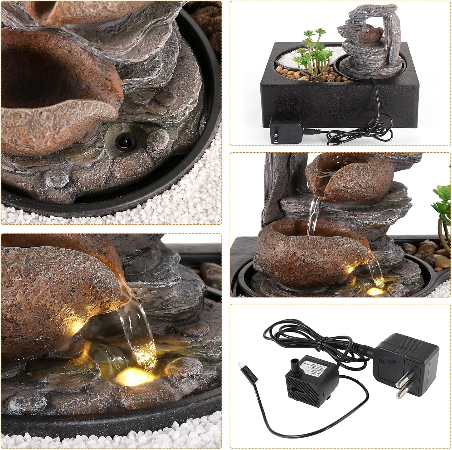 WICHEMI Tabletop Water Fountain with LED Light for Home Office Decor