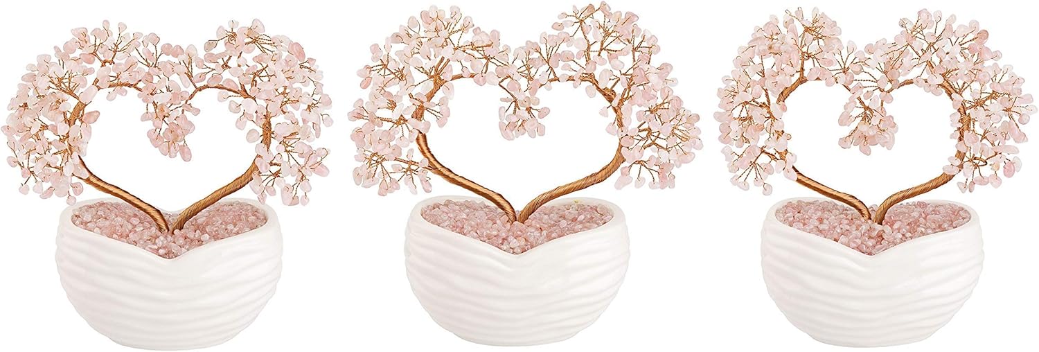 Jovivi Rose Quartz Crystal Heart Money Tree Healing Bonsai Set