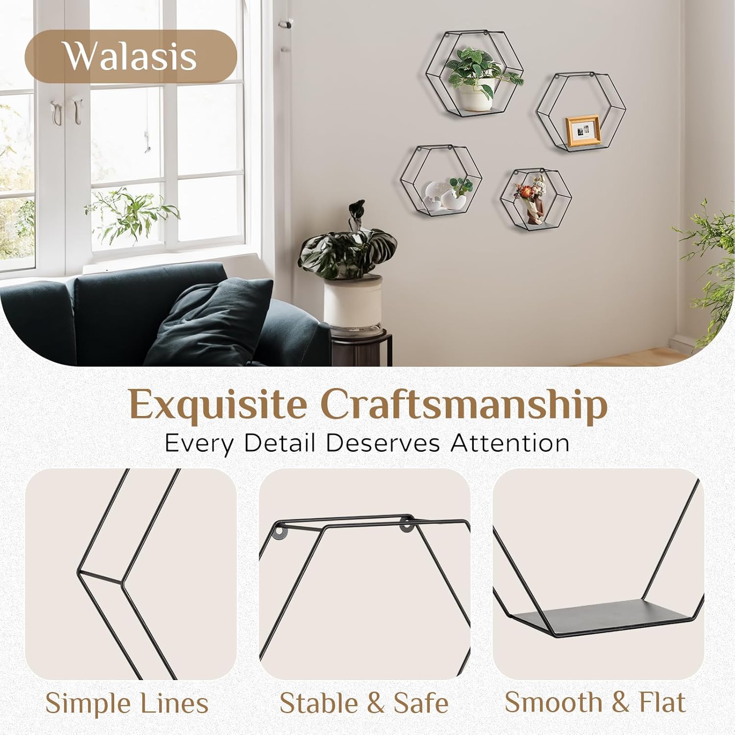 Hexagon Shelves Black Metal Set of 4