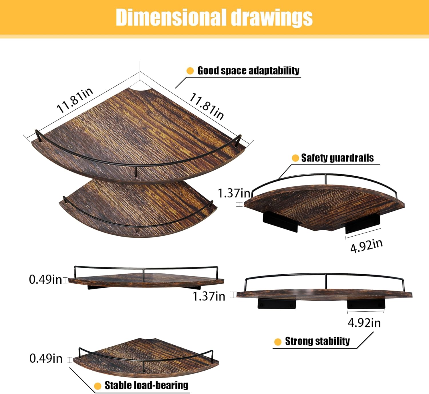 Corner Floating Shelves Set of 2 Rustic Brown Wood Wall Mount Storage with Guardrail