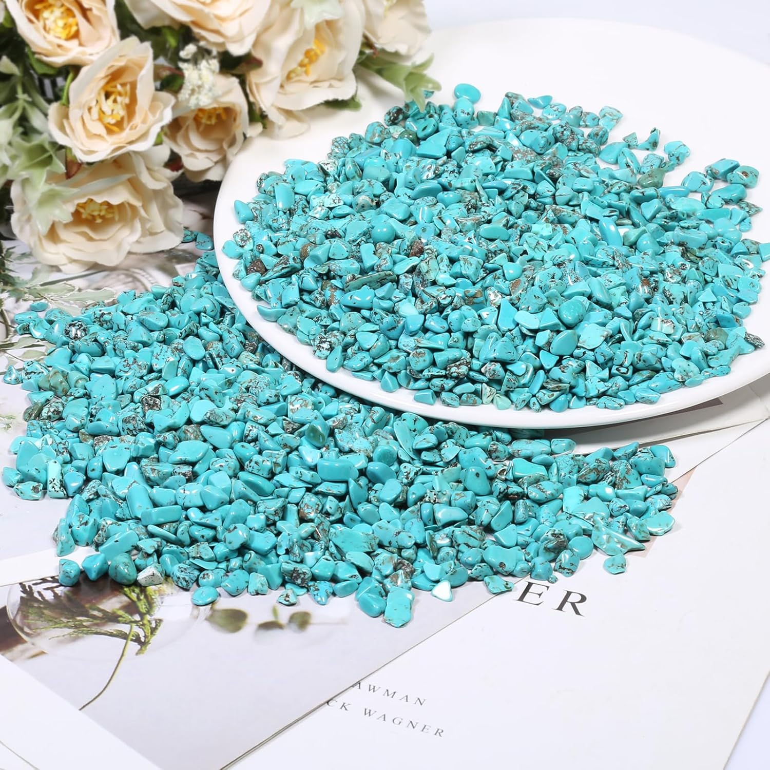 SUNYIK 2-Pack Howlite Turquoise Tumbled Chips Stones Cylindrical Crystal Cabinet Knobs