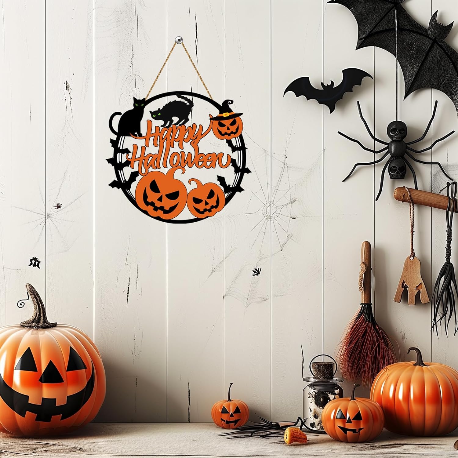 Halloween Wreath Decorations with Pumpkin Bat Black Cat Sign