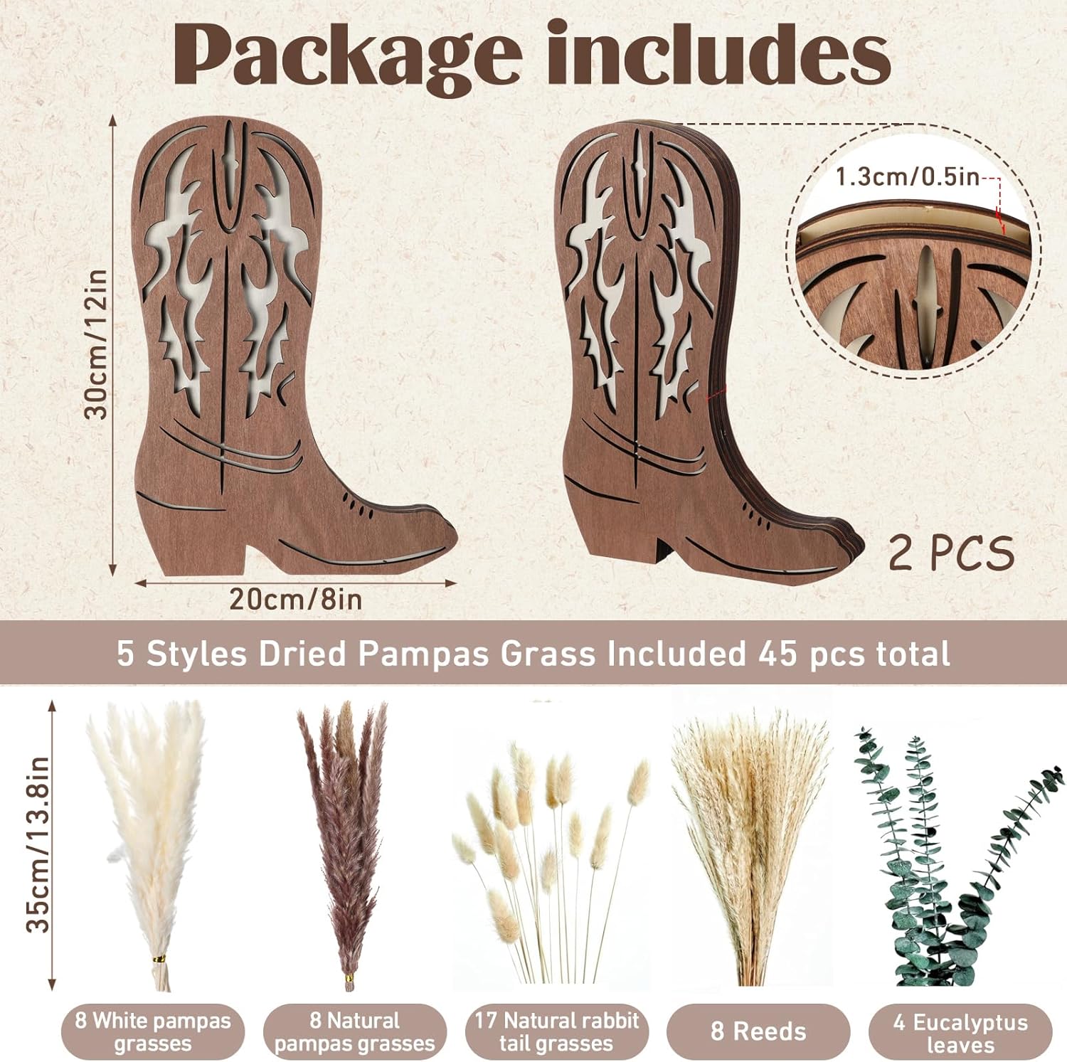 Chunful 2 Pcs Wood Cowboy Boot Vase with Dried Pampas Grass Flowers