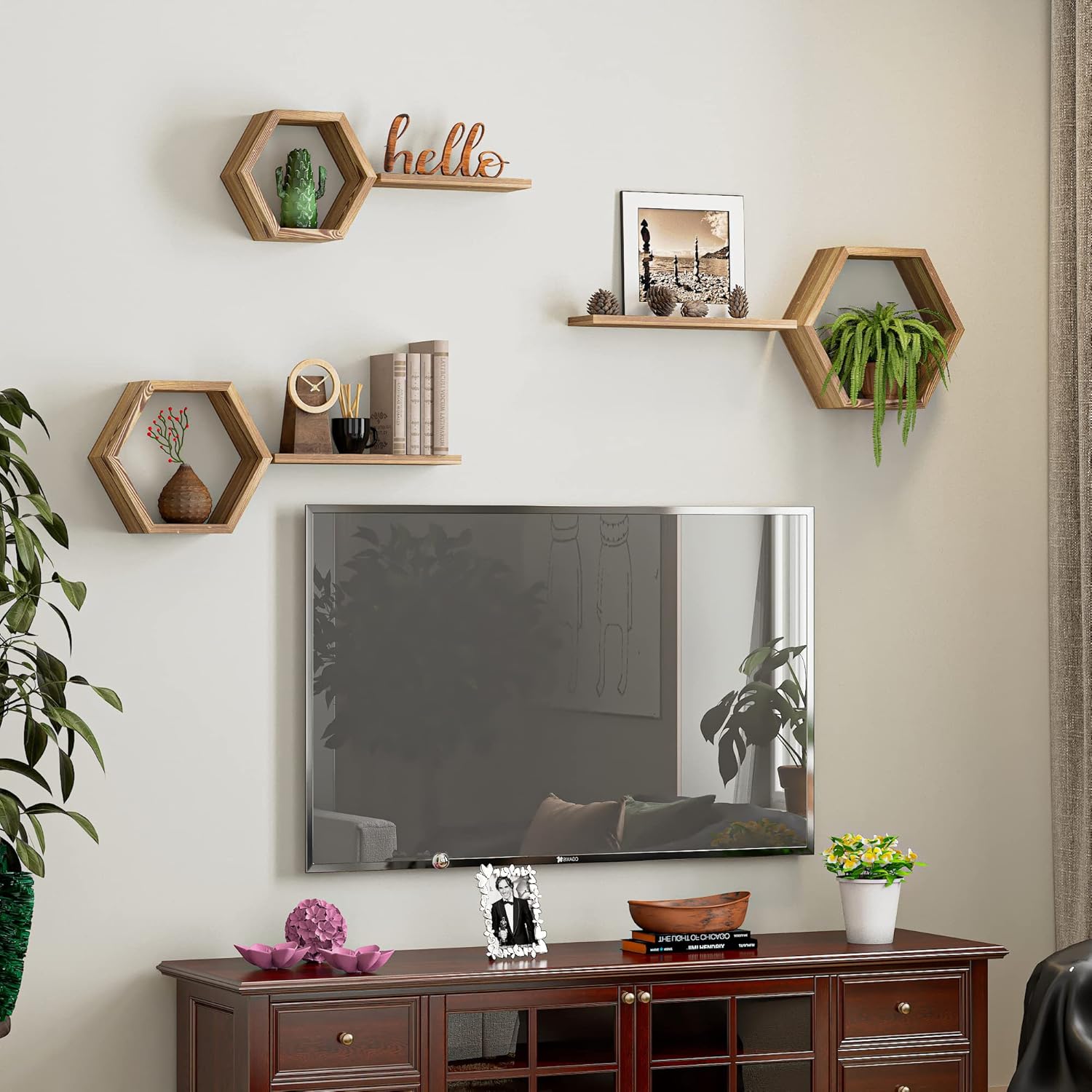 Modern Wooden Hexagon Floating Shelves Set of 6
