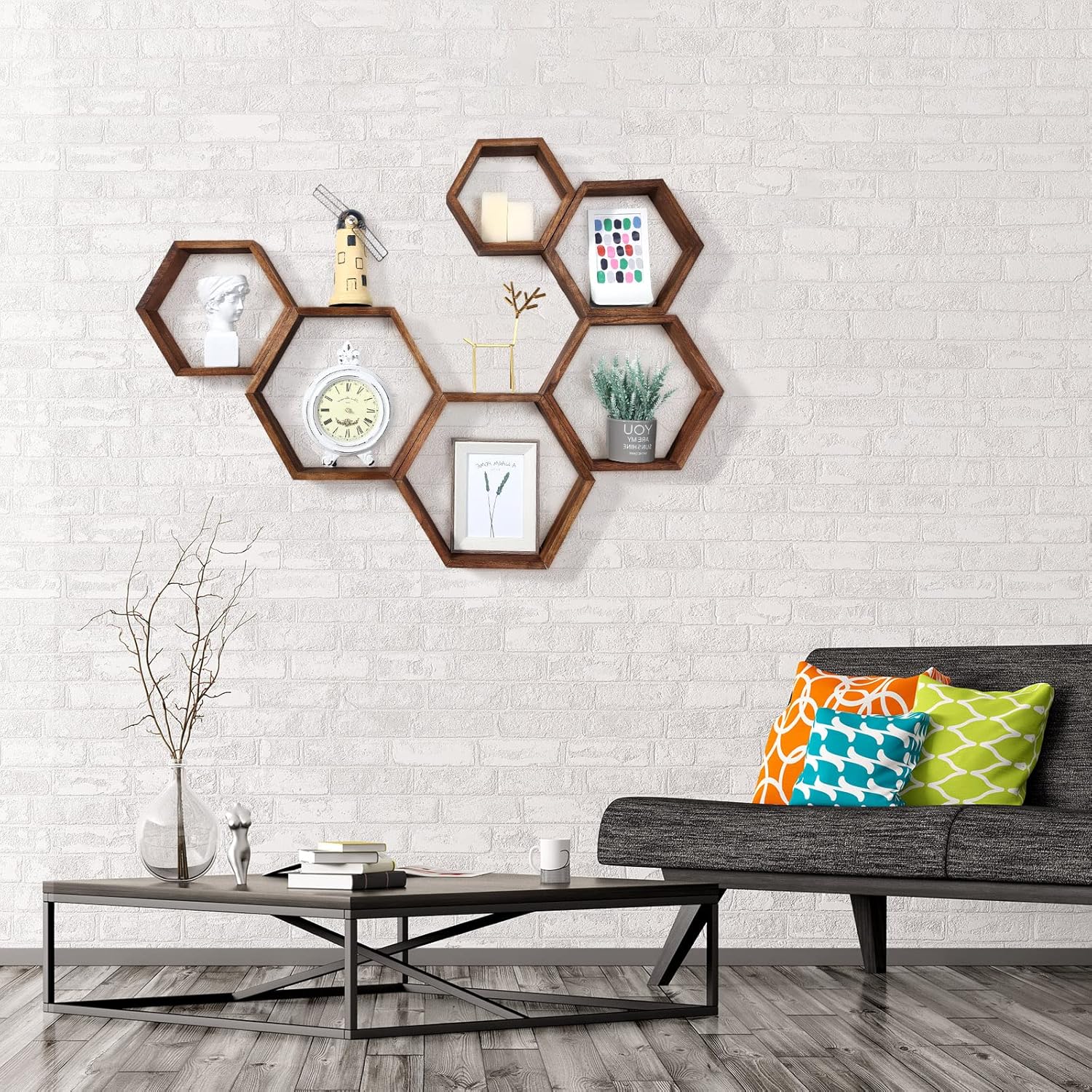 Maitys Hexagon Floating Shelves Set of 8 Brown Wood Wall Decor