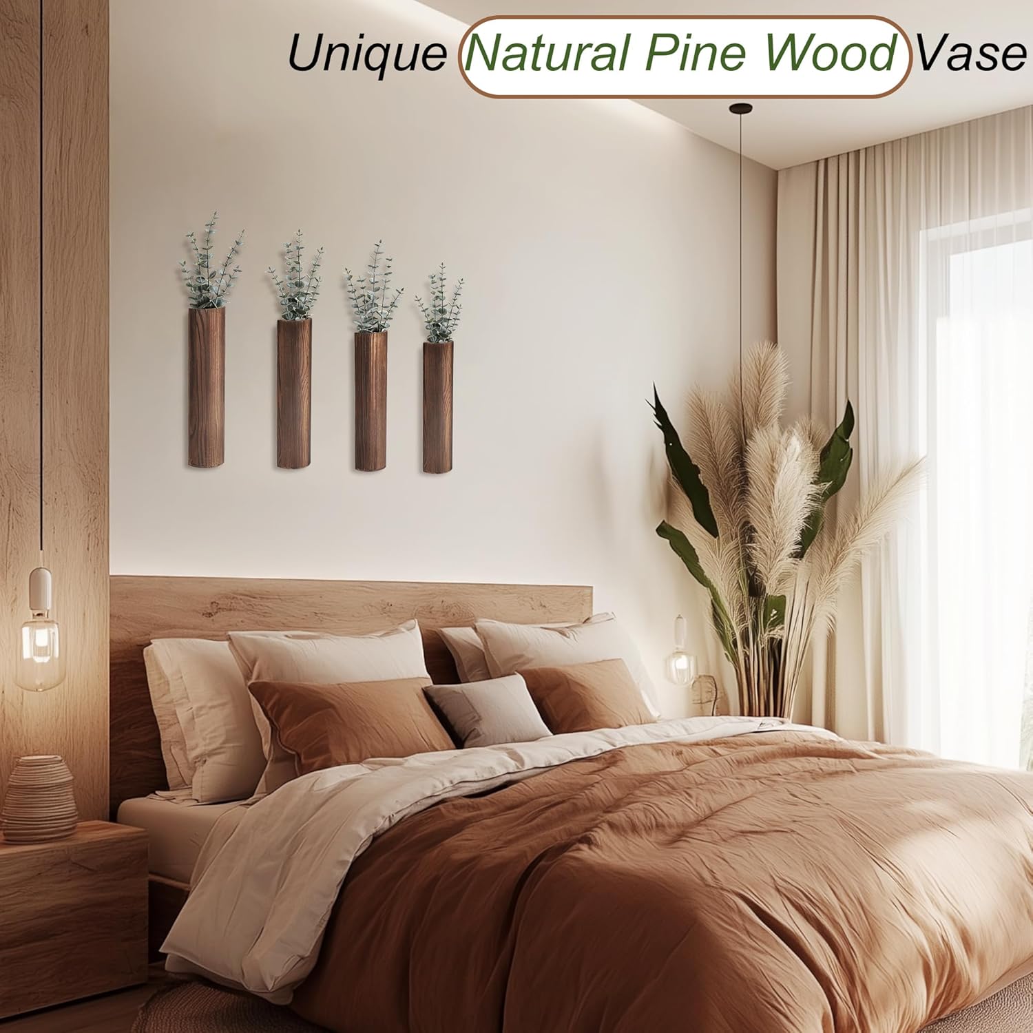 4 Pack Wood Wall Planter with Artificial Eucalyptus
