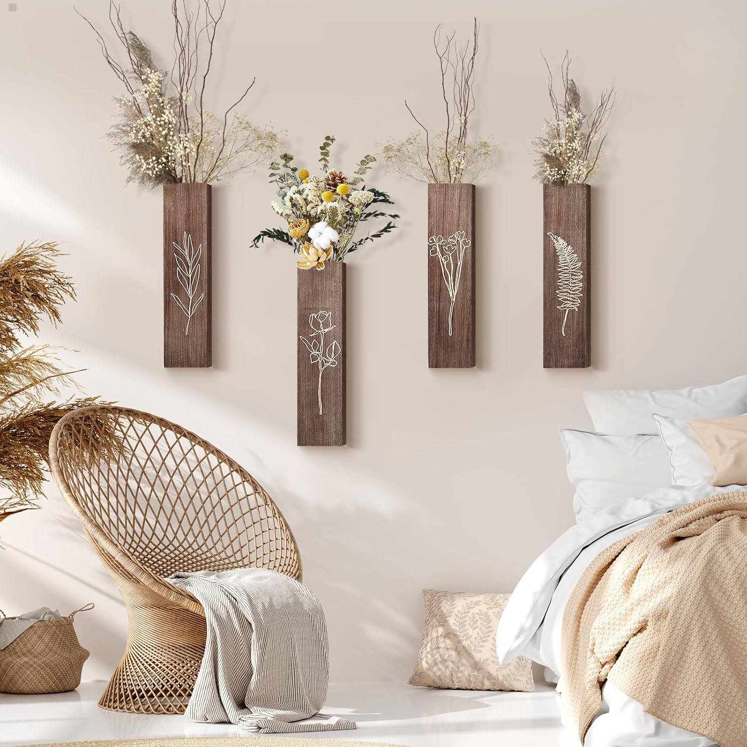 HOMIEE 4 Pack Wooden Wall Planters with Artificial Eucalyptus