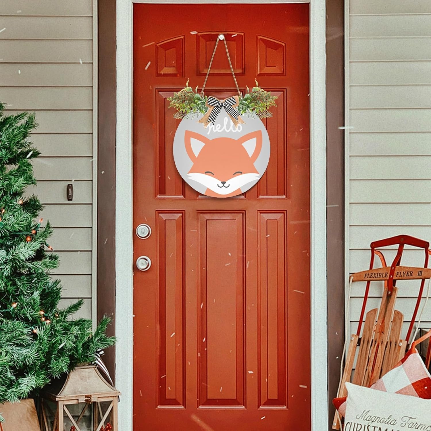 Cute Fox Door Wreath with Hello Welcome Sign for Front Porch Decorations