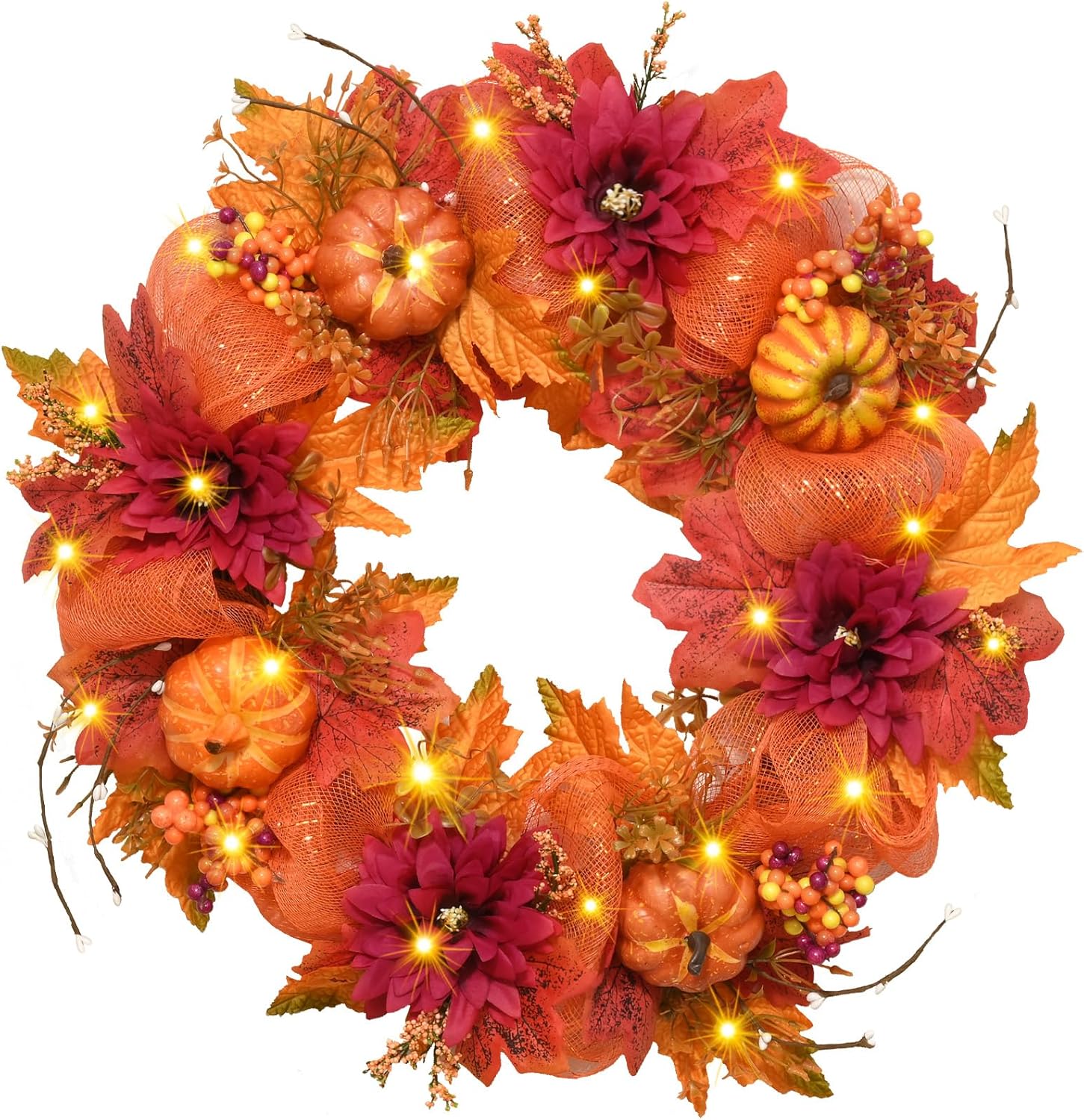 Fall Wreath with Lights - 20 Inch Autumn Decor for Front Door and Porch