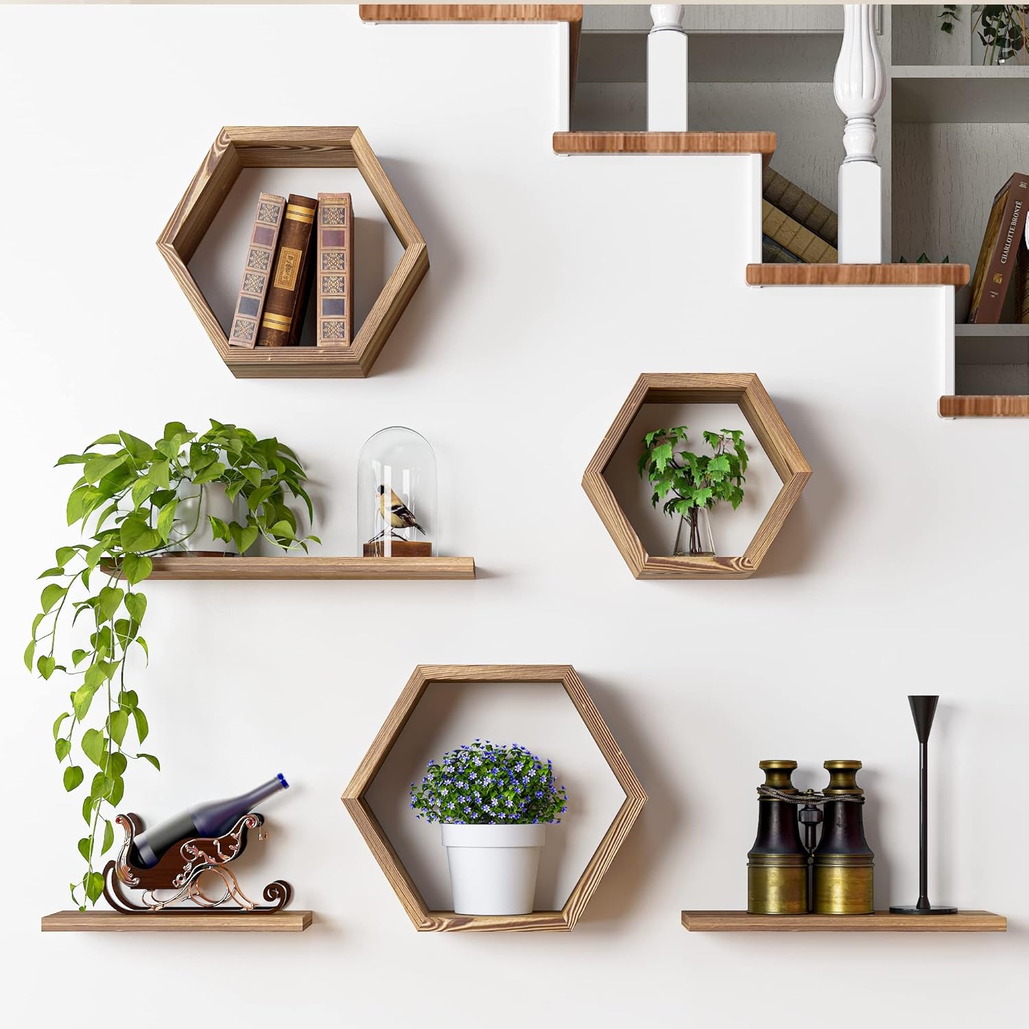 Modern Wooden Hexagon Floating Shelves Set of 6