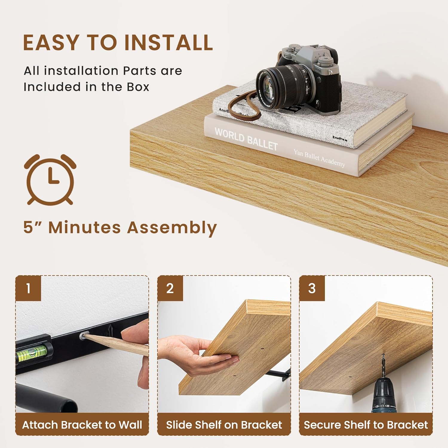 Fuqing Floating Shelves Wall Mounted 24 Inch Set of 2 Oak
