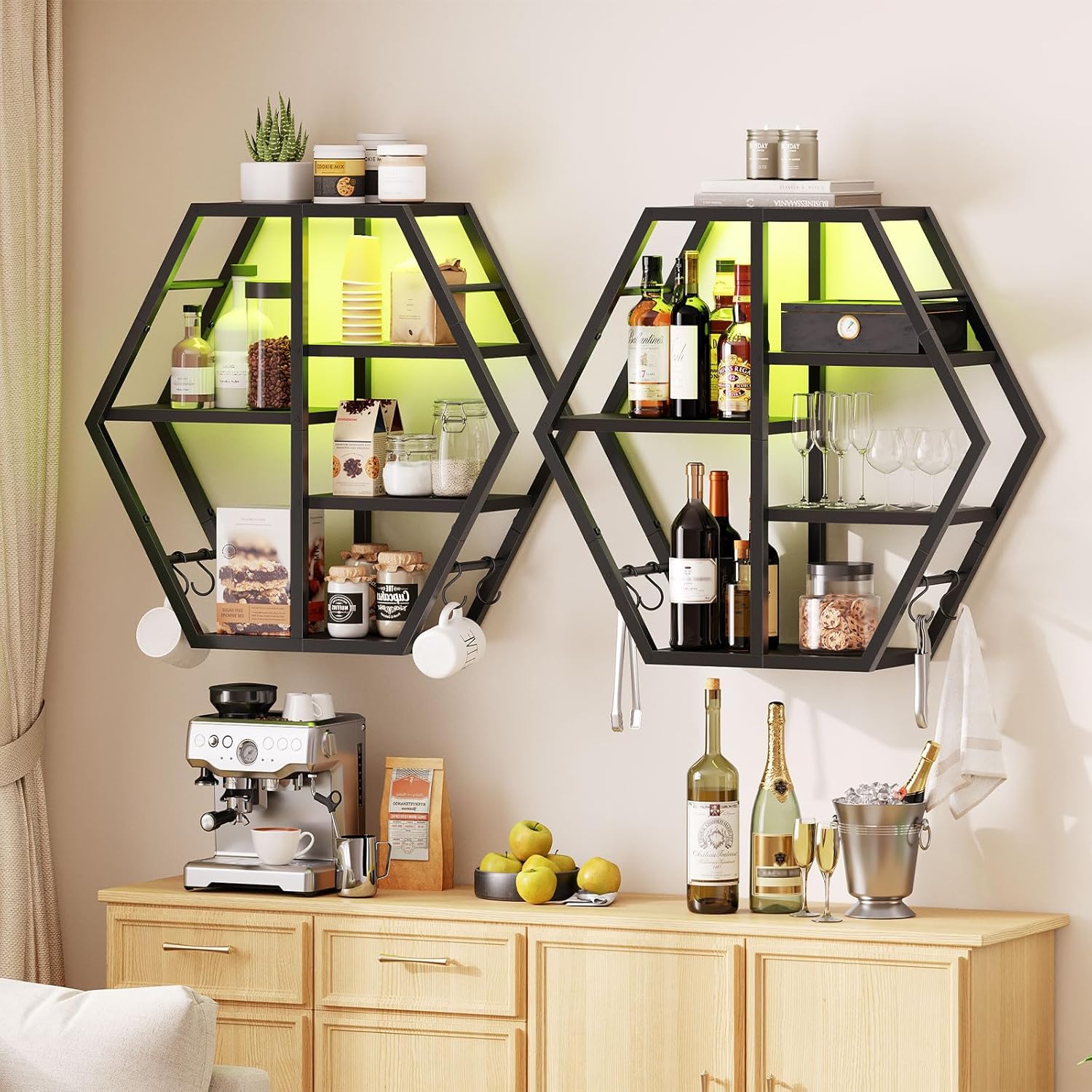 HOOBRO Gaming Floating Shelf with LED Lights Hexagonal Wall Mount Black BB76DBJ01