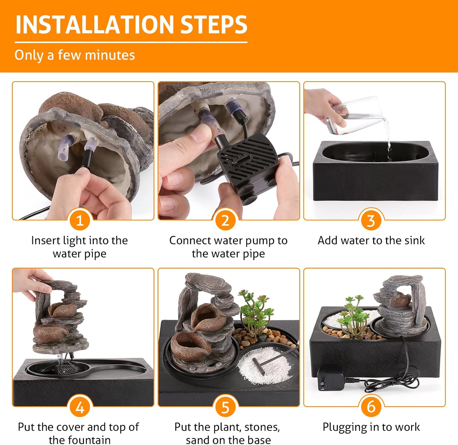 WICHEMI Tabletop Water Fountain with LED Light for Home Office Decor