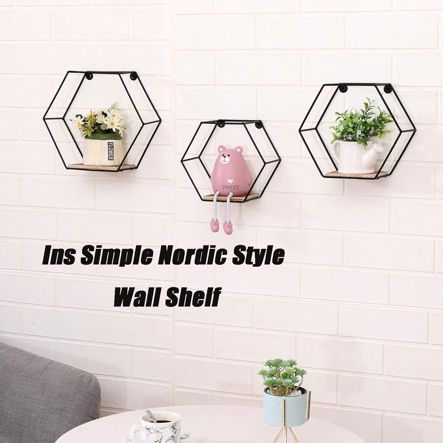 DRNCURN Hexagon Floating Shelves Wall Mounted Metal Set of 3 Honeycomb Dcor for Home