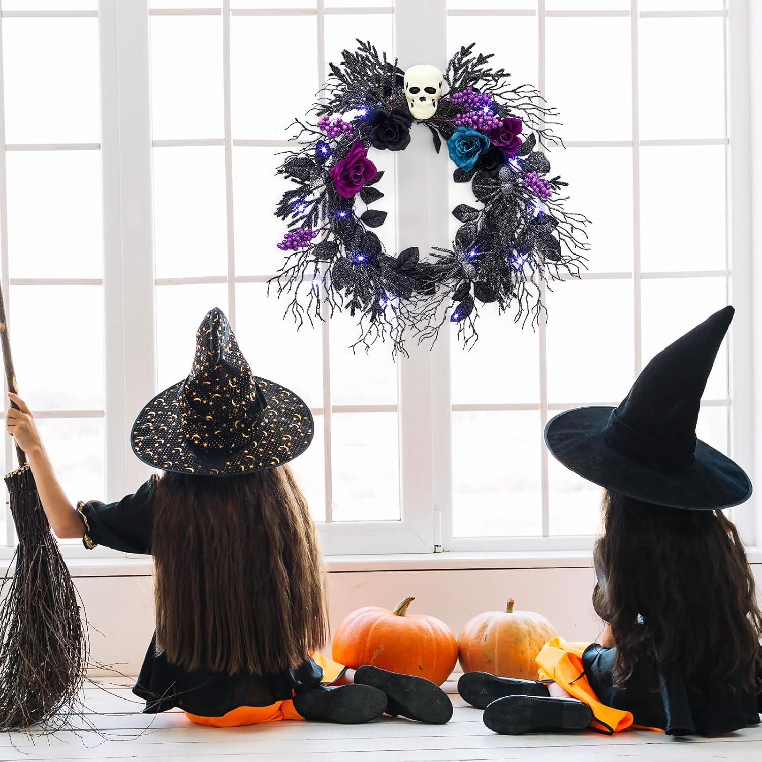 Gothic Halloween Skull Wreath with LED Lights