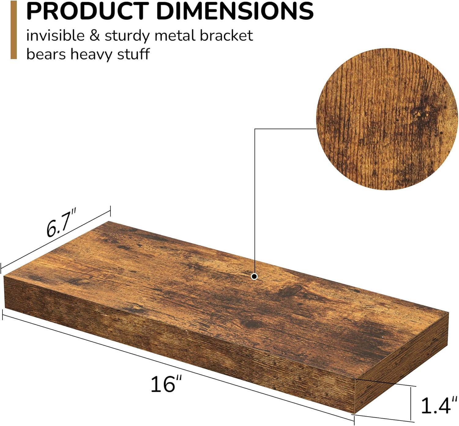 Fun Memories Floating Shelves - 2 Pack Rustic Brown Wall Shelves for Home Decor and Storage